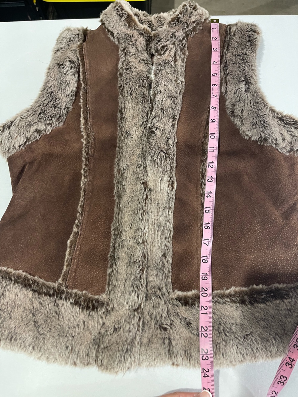 Live a Little Brown Leather Faux Fur Trim Western Cowgirl Vest Size Large - Picture 11 of 15